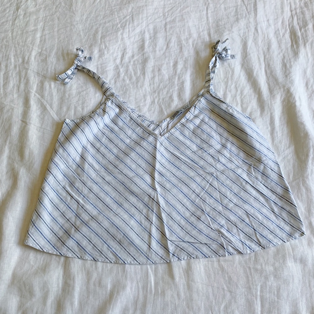 ZARA Denim Tie Shoulder Diagonal Stripe Tank